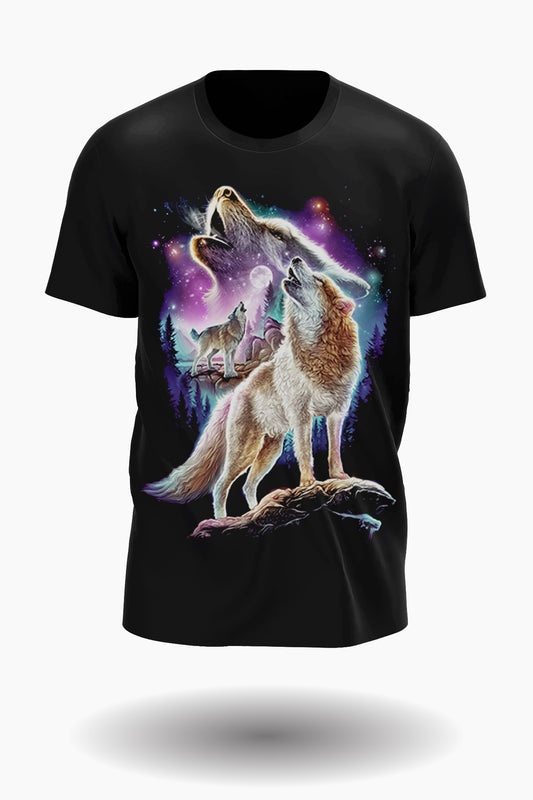 Wolfsrudel in der Nacht mit Mond und Nordlichter T-Shirt - Wild-Clothing