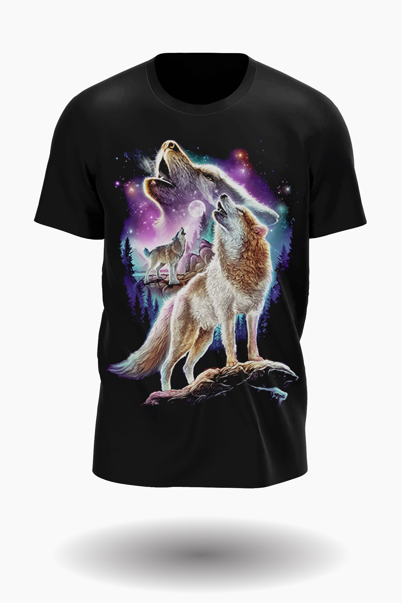 Wolfsrudel in der Nacht mit Mond und Nordlichter T-Shirt - Wild-Clothing